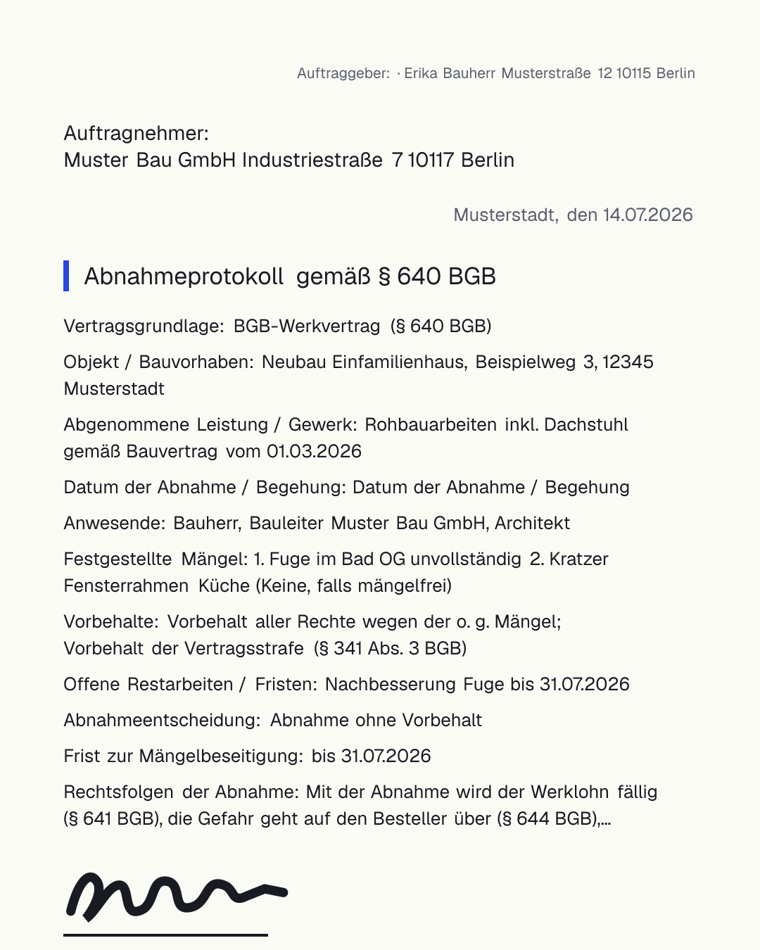 Kostenlose Bauabnahmeprotokoll-Vorlage nach § 640 BGB als PDF und Word – mit Feldern für Mängel, Vorbehalte, Restarbeiten und Abnahmeentscheidung