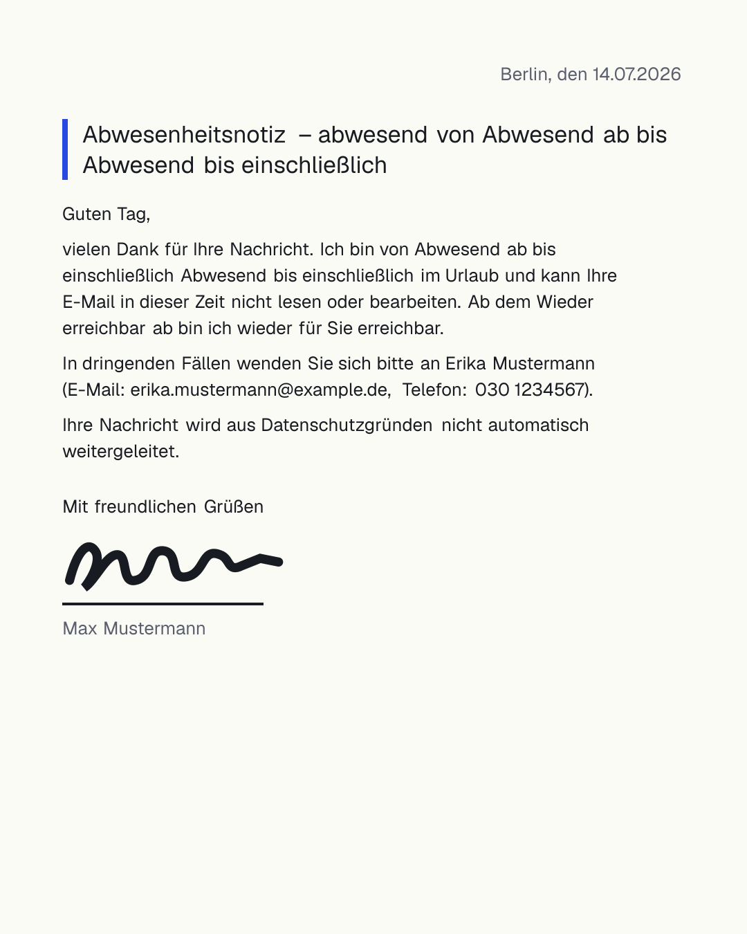 Kostenlose Abwesenheitsnotiz-Vorlage für Outlook zum Ausfüllen – automatische Antwort mit Zeitraum, Vertretung und Kontakt für Urlaub, Krankheit und Dienstreise