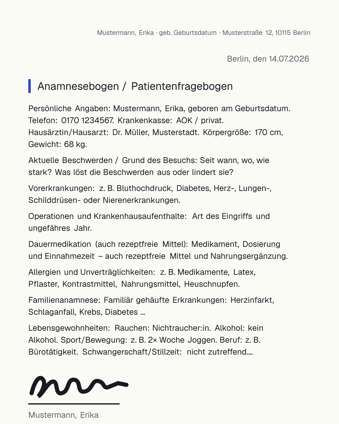 Anamnesebogen Vorlage zum kostenlosen Ausfüllen als PDF und Word – mit Vorerkrankungen, Operationen, Dauermedikation, Allergien und Familienanamnese