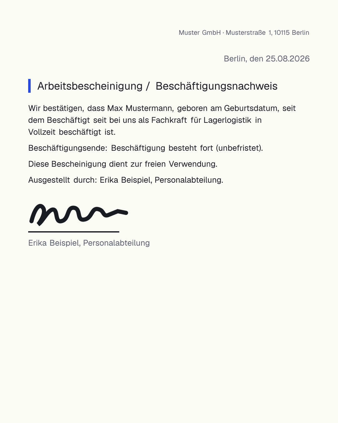Arbeitsbescheinigung Vorlage zum kostenlosen Ausfüllen als Beschäftigungsnachweis für Bank, Vermieter oder Behörde