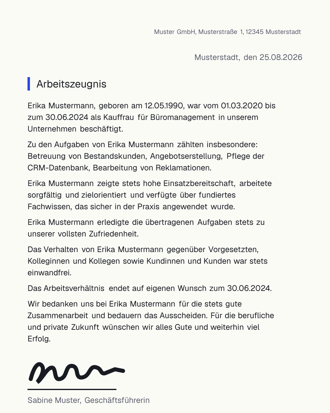 Vorschau eines ausgefüllten Arbeitszeugnisses: qualifizierte Zeugnisvorlage mit Zufriedenheitsformel, bereit zum Download als Word oder PDF