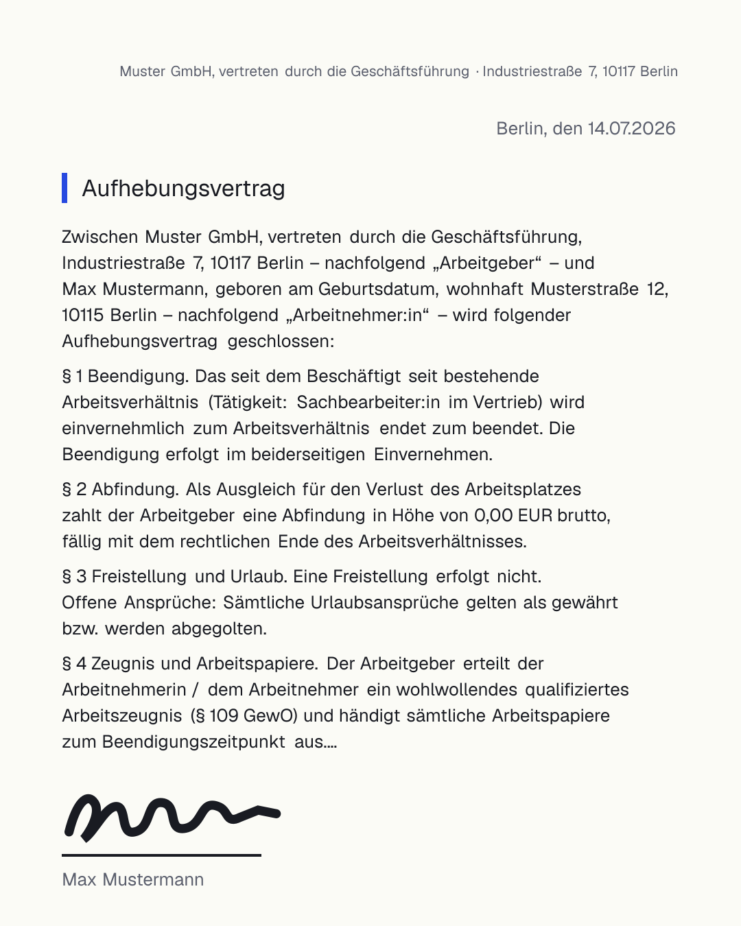 Kostenlose Aufhebungsvertrag-Vorlage zum Ausfüllen und Herunterladen als PDF und Word – einvernehmliche Beendigung des Arbeitsverhältnisses nach § 623 BGB mit Feldern für die Unterschrift beider Parteien