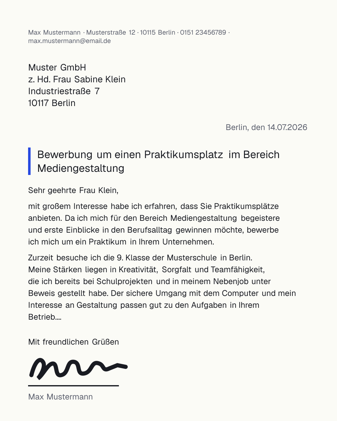 Kostenlose Bewerbung-Vorlage – Anschreiben für ein Praktikum nach DIN 5008 online ausfüllen und als PDF oder Word herunterladen