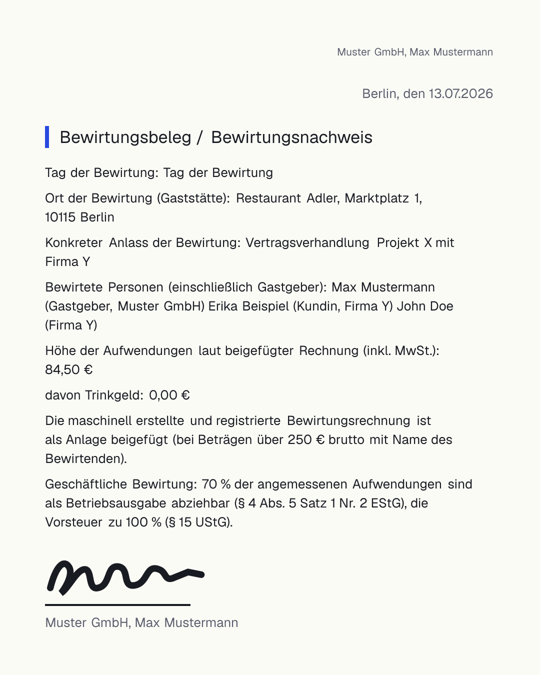 Bewirtungsbeleg-Vorlage zum kostenlosen Ausfüllen als PDF – Bewirtungsnachweis mit Anlass, Teilnehmern und Aufwendungen nach § 4 Abs. 5 EStG
