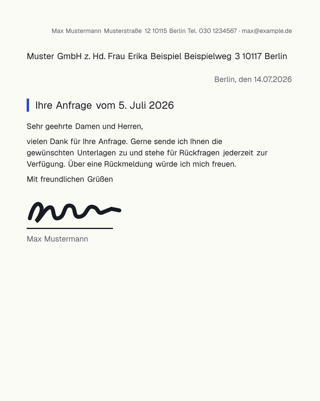Kostenlose Briefkopf-Vorlage nach DIN 5008 zum Ausfüllen – Geschäftsbrief mit Absender, Anschriftfeld, Betreff, Anrede, Brieftext und Unterschrift als Word und PDF