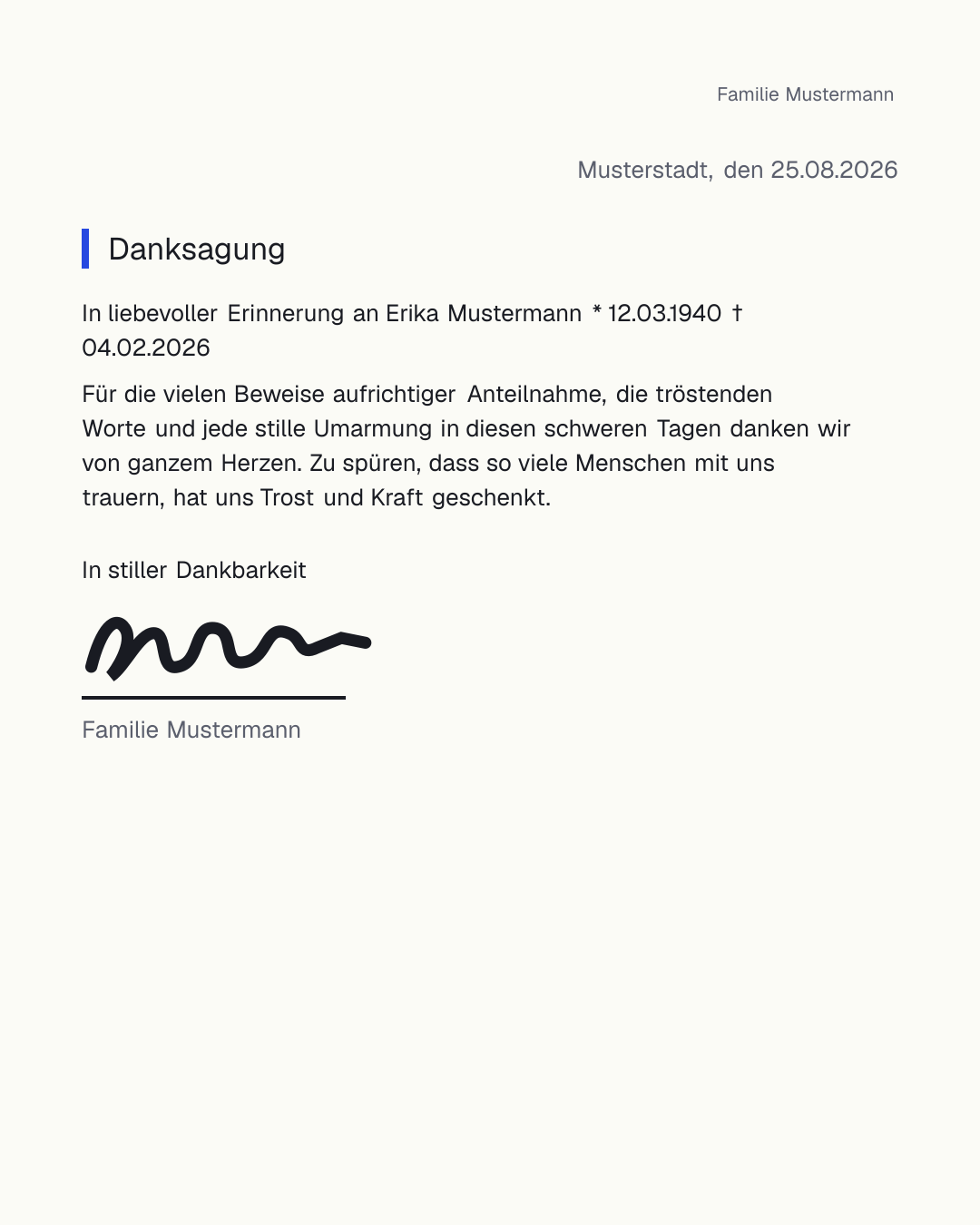 Trauer-Danksagung Vorlage zum kostenlosen Ausfüllen und Ausdrucken als PDF – Dankeskarte für Anteilnahme nach einer Beerdigung