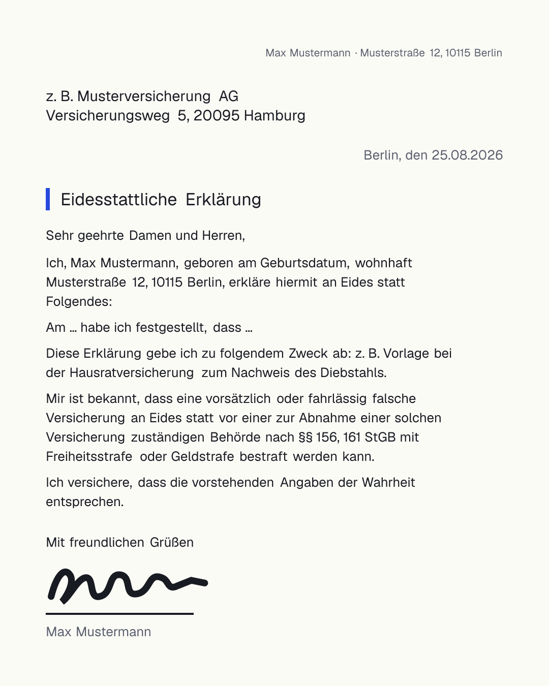 Eidesstattliche Erklärung Vorlage zum kostenlosen Ausfüllen und Herunterladen als PDF und Word – für Versicherung, Amt oder Nachlass