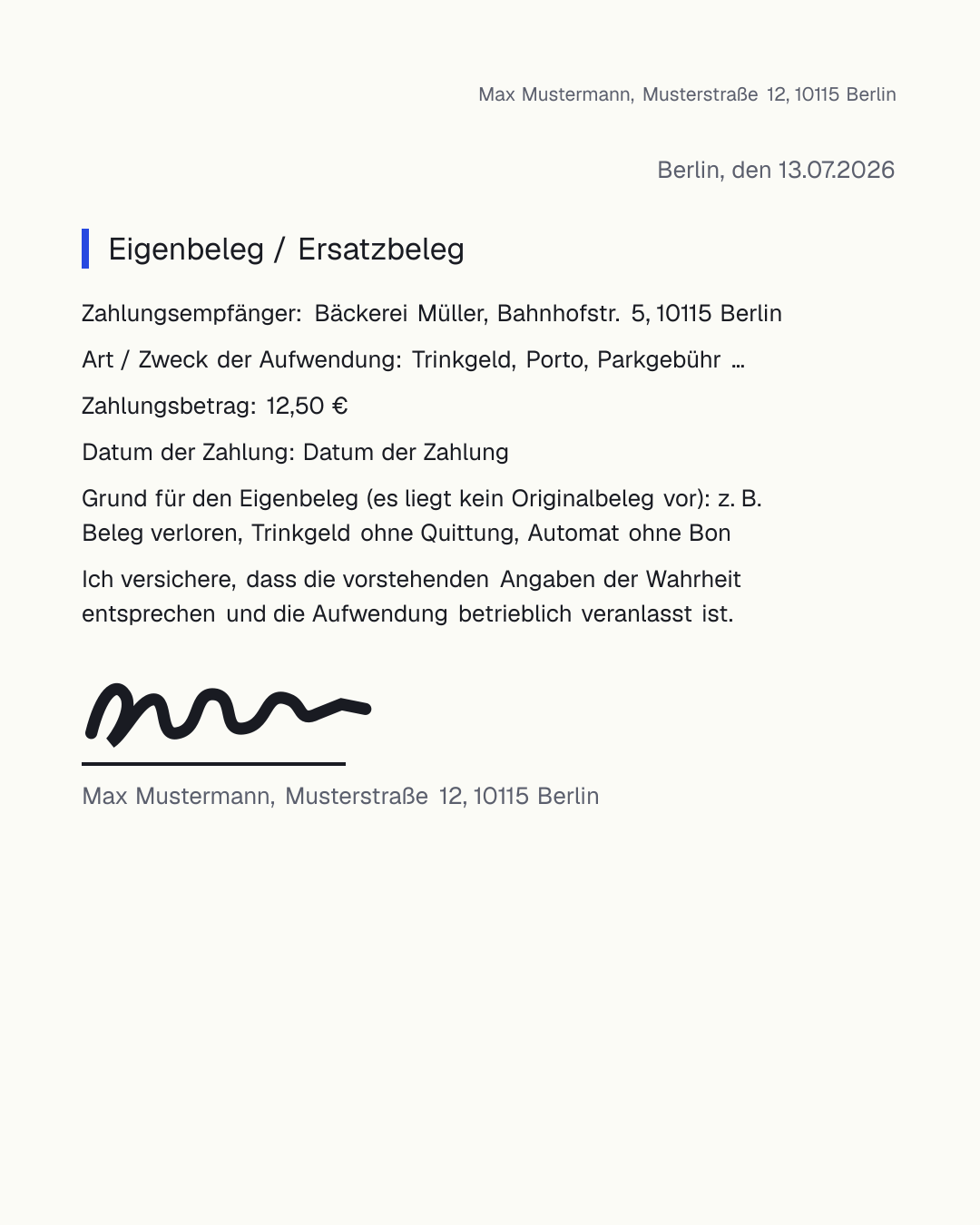 Eigenbeleg-Vorlage zum kostenlosen Ausfüllen und Ausdrucken als PDF und Word – Ersatzbeleg mit Zahlungsempfänger, Betrag, Datum und Grund