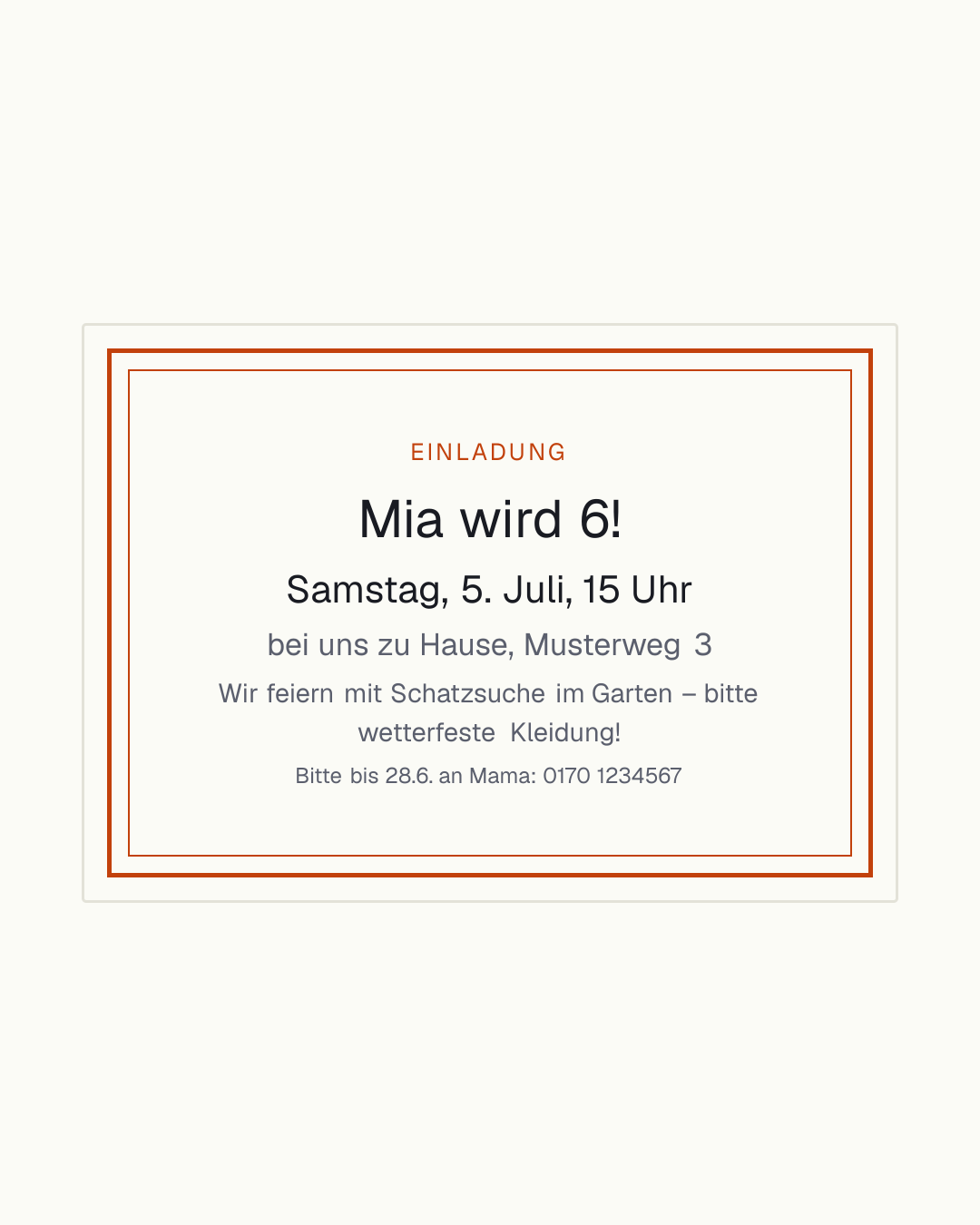 Einladung Kindergeburtstag Vorlage zum kostenlosen Gestalten – Karte mit Name des Kindes, Motto, Abholzeit und Rückmeldung an die Eltern