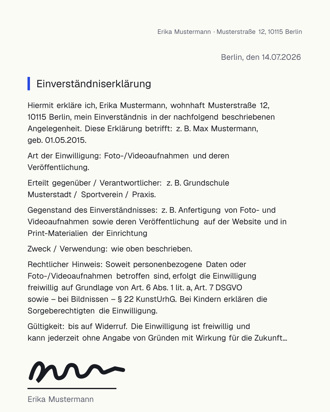 Kostenlose formlose Einverständniserklärung als Vorlage zum Ausfüllen und Herunterladen als PDF und Word – für Eltern, Foto-Freigabe, Ausflug und DSGVO-Einwilligung