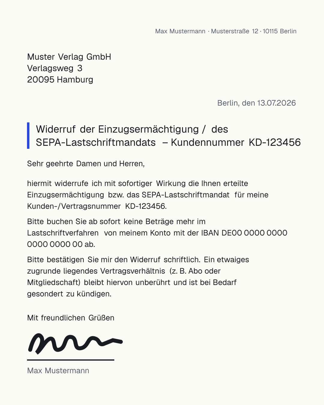 Musterbrief zum Widerruf der Einzugsermächtigung an den Gläubiger – kostenlose Vorlage zum Ausfüllen