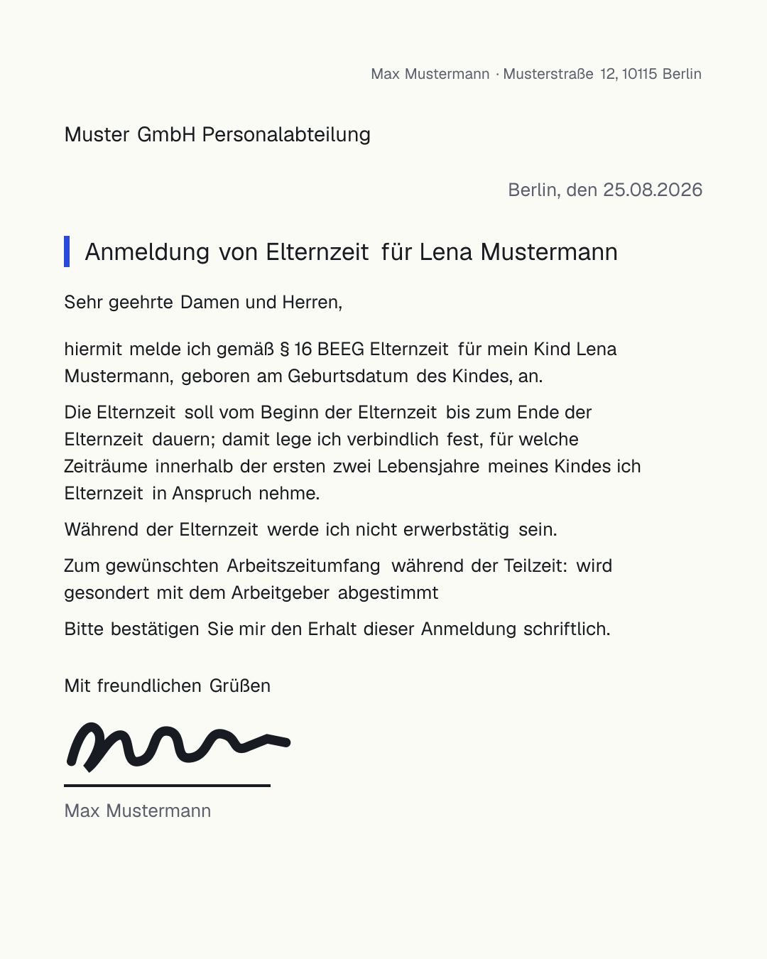 Elternzeit-Antrag Vorlage zum kostenlosen Ausfüllen mit Fristen nach § 16 BEEG, Zeitraum und Teilzeitwunsch