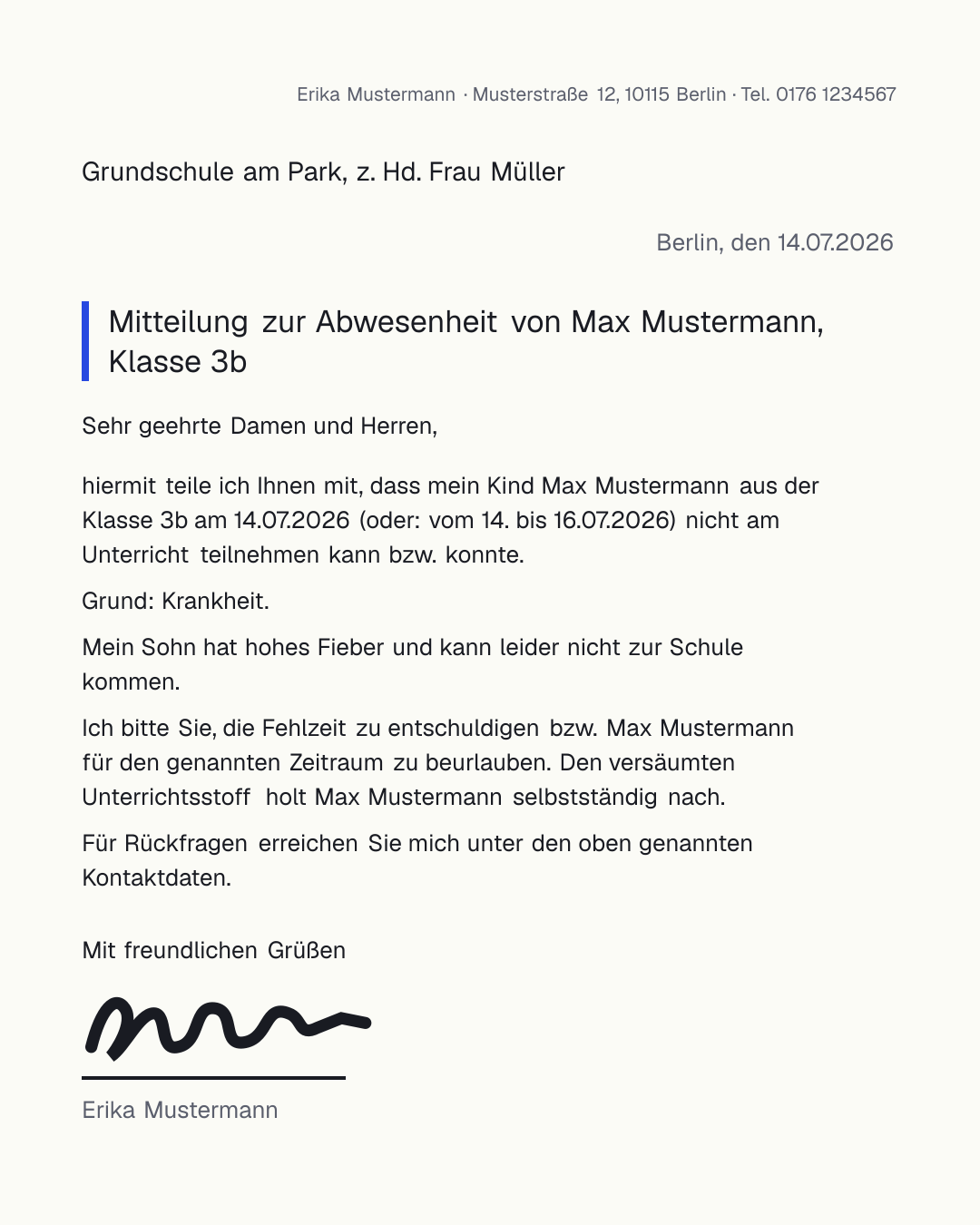 Kostenlose Entschuldigung-Vorlage für die Schule als PDF und Word – für Krankheit, Beurlaubung und verspäteten Schulbus mit Feldern für Kind, Klasse und Zeitraum