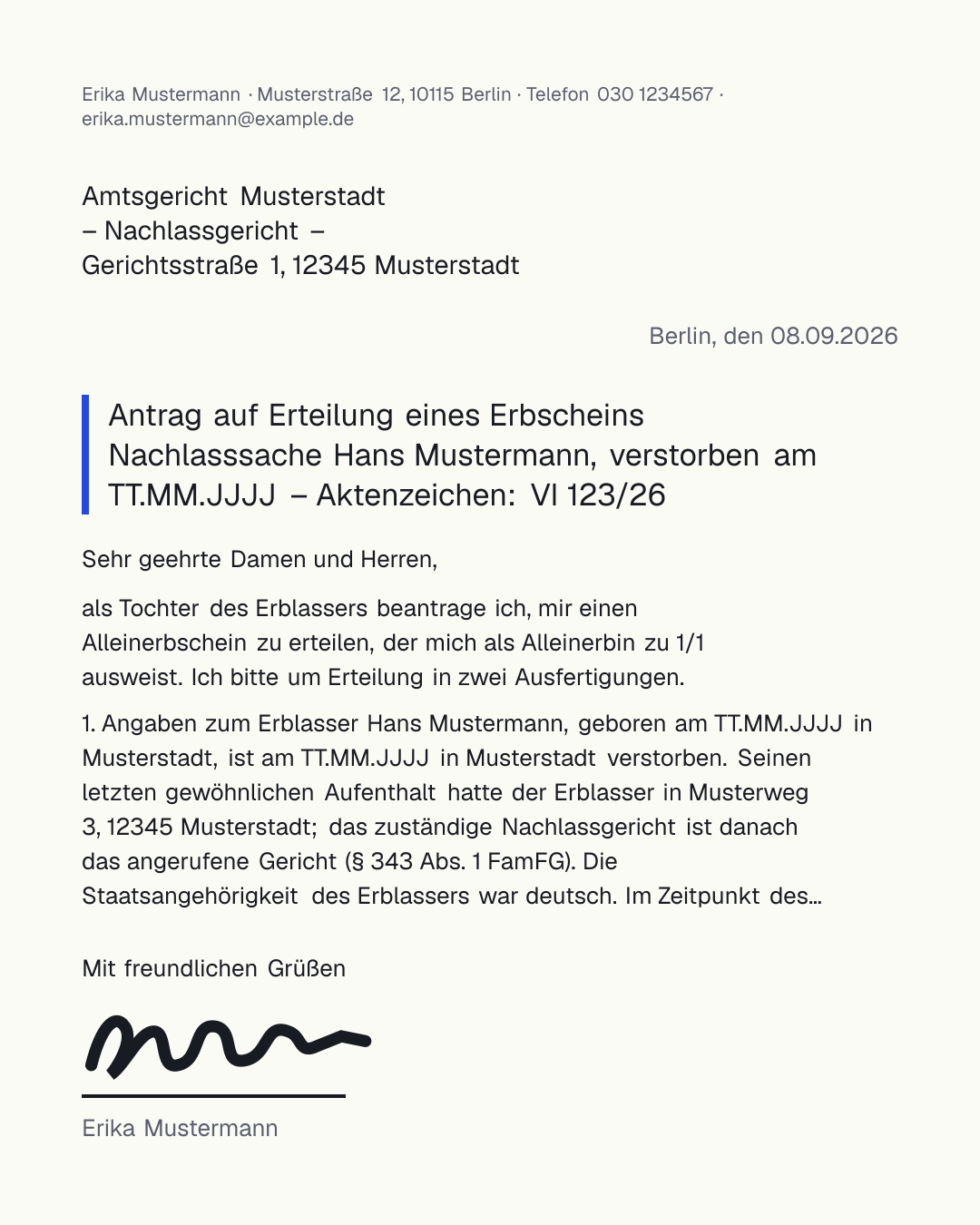 Antrag auf Erteilung eines Erbscheins – kostenlose Vorlage für das Nachlassgericht mit allen Pflichtangaben nach § 352 FamFG als PDF und Word