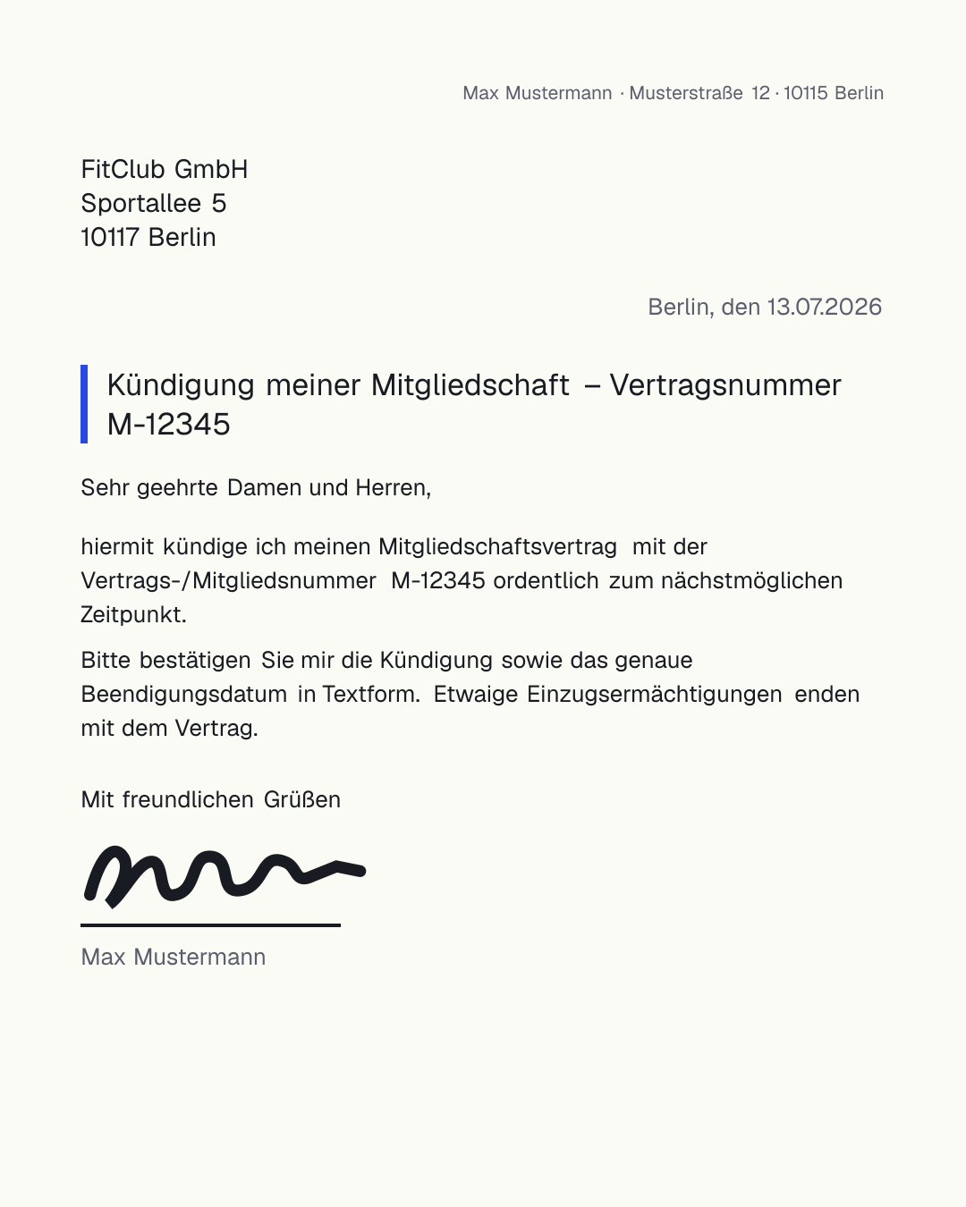 Kostenlose Vorlage für die Kündigung des Fitnessstudios als PDF zum Ausfüllen und Ausdrucken