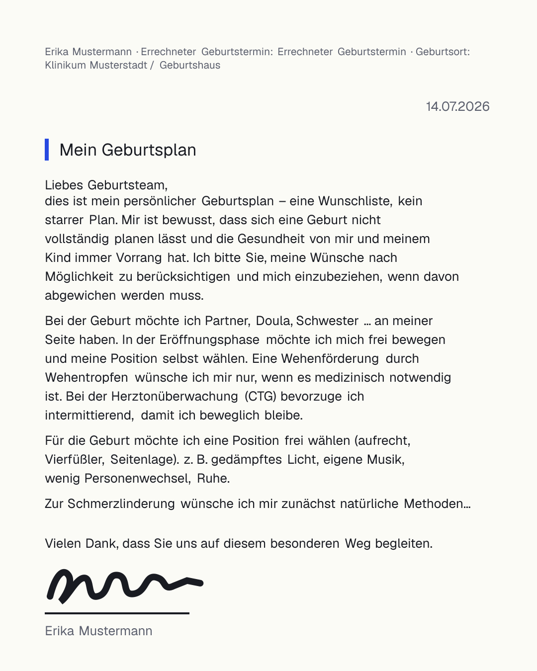 Geburtsplan Vorlage zum kostenlosen Ausfüllen als PDF und Word – mit Wünschen zu Wehen, Geburtsposition, PDA, Dammschnitt, Bonding und Stillen