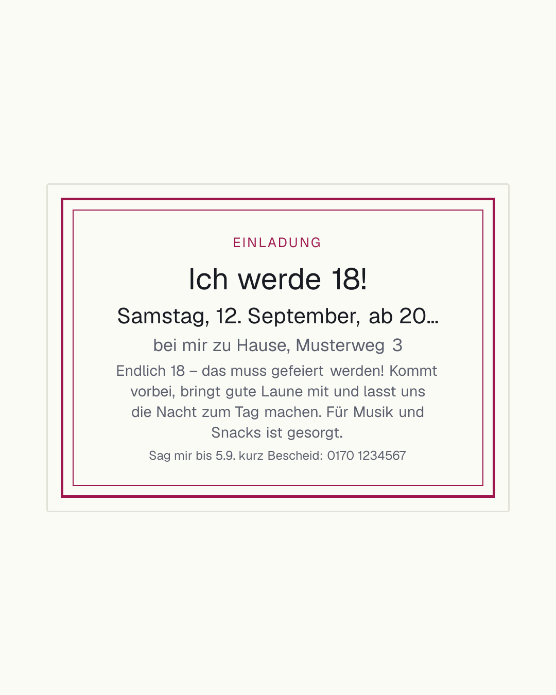 Geburtstagseinladung Vorlage für Erwachsene – Karte mit Anlass, Uhrzeit, Dresscode und Rückmeldung für 18. bis 70. Geburtstag, auch als WhatsApp-Text