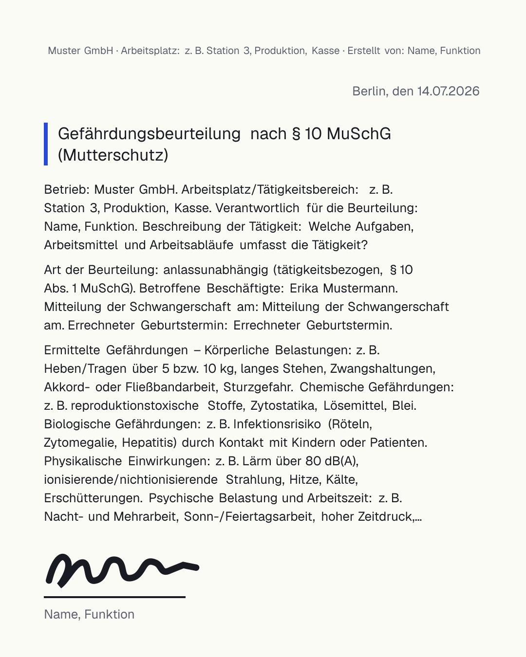 Gefährdungsbeurteilung Schwangerschaft Vorlage nach § 10 MuSchG zum kostenlosen Ausfüllen als PDF und Word – Tätigkeit, Gefährdungen und Schutzmaßnahmen