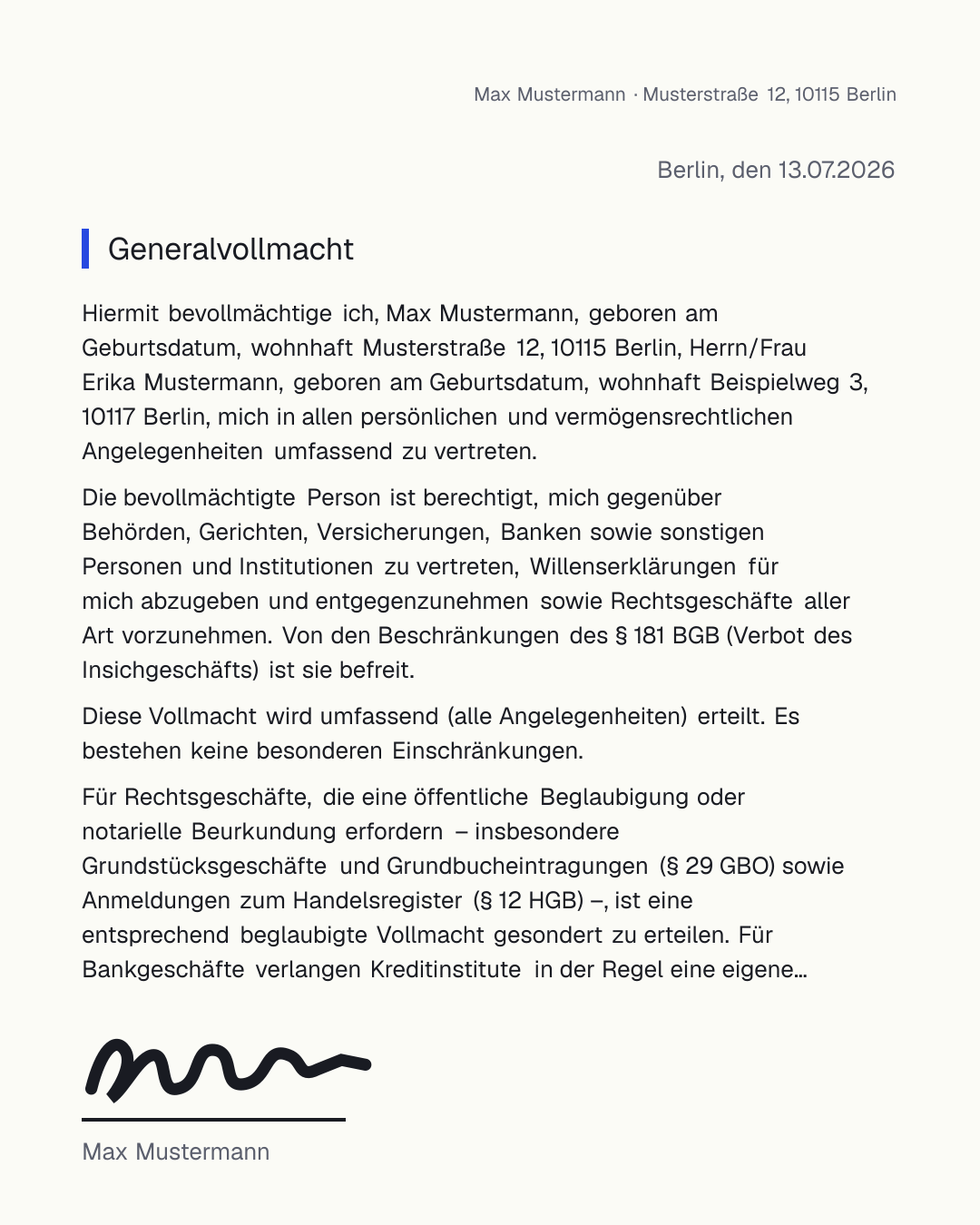 Generalvollmacht Vorlage zum kostenlosen Ausfüllen und Herunterladen als PDF und Word – umfassende Vollmacht nach § 167 BGB