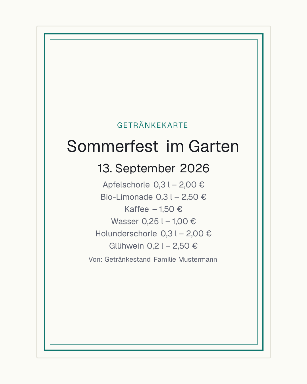 Getränkekarten-Vorlage zum kostenlosen Gestalten und Ausdrucken – Karte im Hochformat mit Getränken, Preisen und Füllmenge für Feste