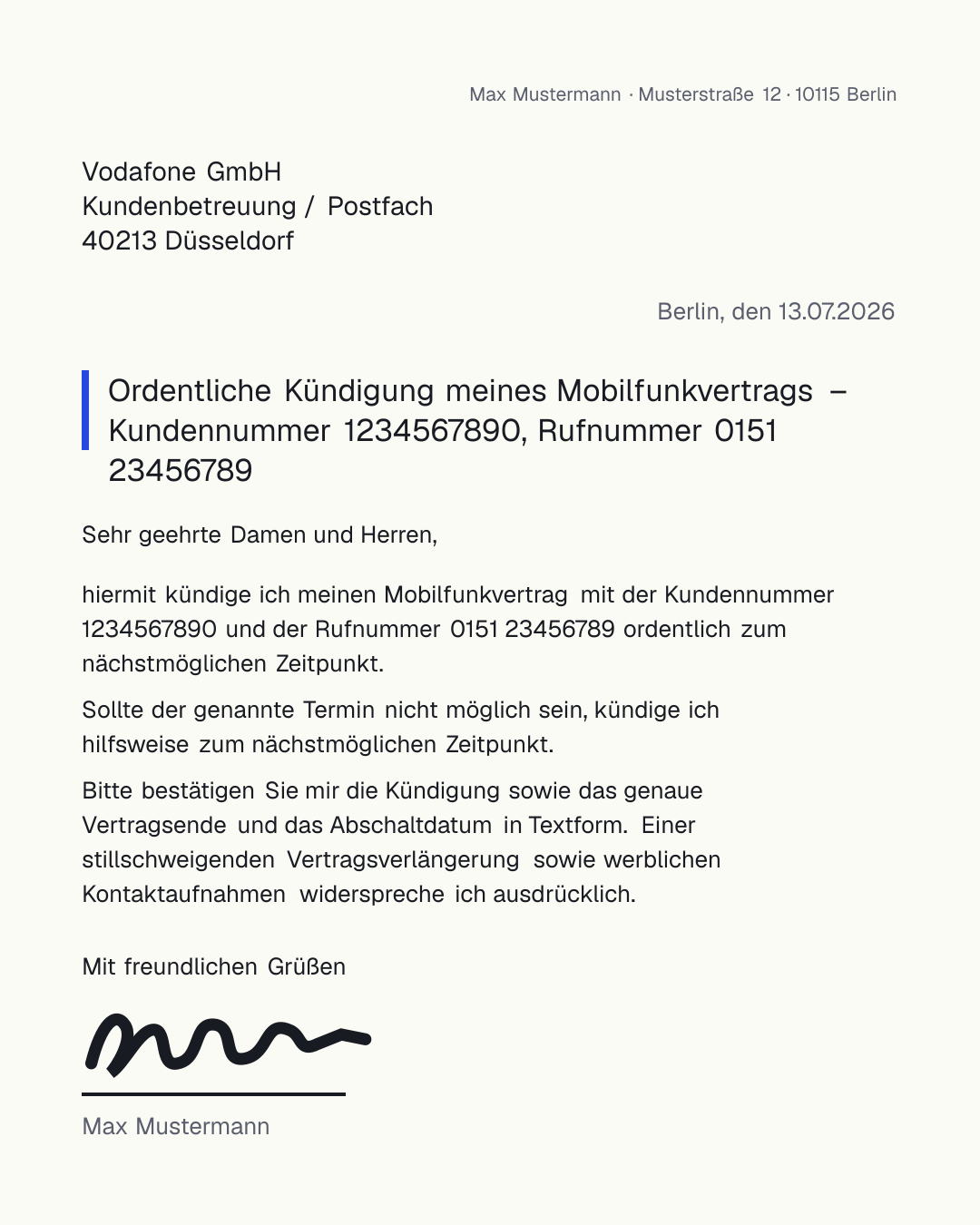Kostenlose Vorlage zum Handyvertrag kündigen als PDF-Kündigungsschreiben für Vodafone, o2 und Telekom