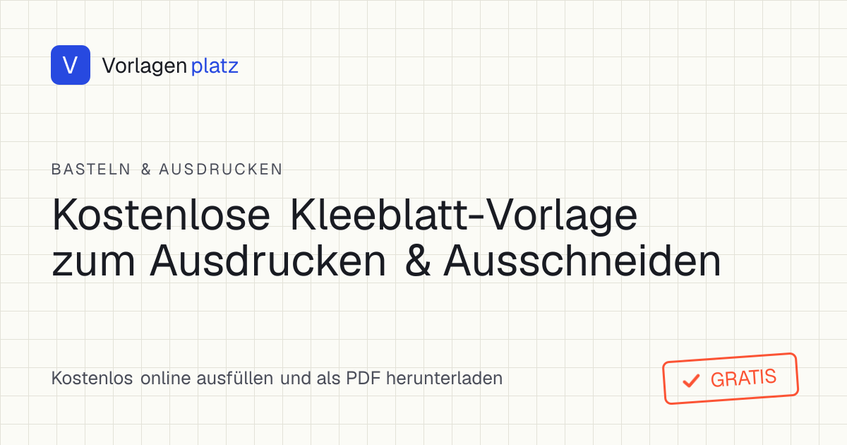 Kleeblatt Vorlage zum Ausdrucken und Ausschneiden – symmetrisches vierblättriges Glücksklee-Motiv mit Stiel und Zentimeter-Größenangabe