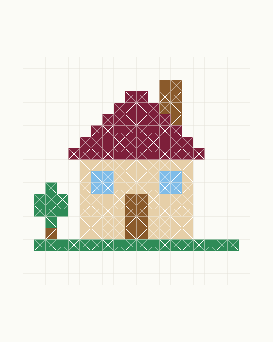 Kreuzstich-Zählmuster zum Ausdrucken – Sampler-Haus mit Dach und Fenstern im Kästchenraster, dazu Alphabet, Zierrahmen, Blumenbordüre, Tulpe und Schneekristall für Aida-Stoff
