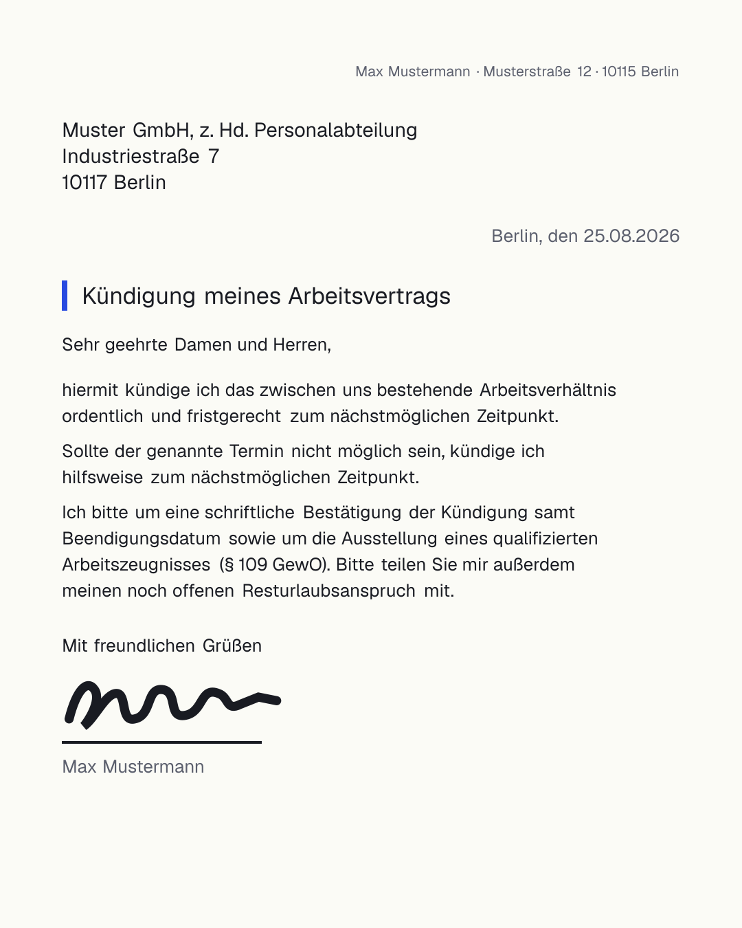 Kostenlose Vorlage für die Kündigung des Arbeitsvertrags durch den Arbeitnehmer mit Feld für die handschriftliche Unterschrift – inklusive Hinweisen zu Frist und Schriftform nach § 622 und § 623 BGB
