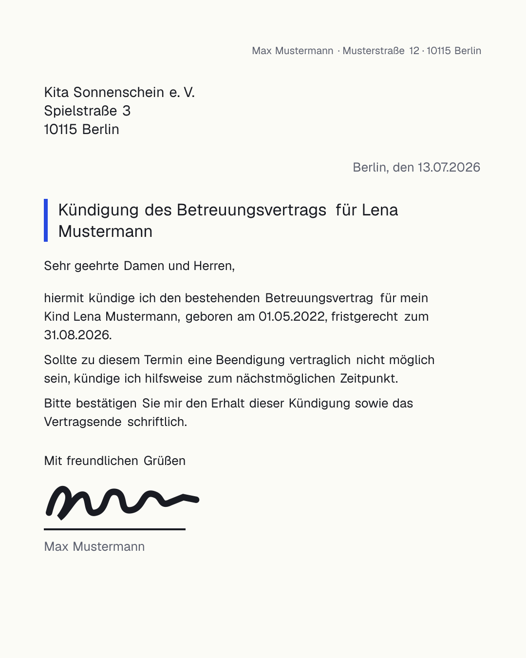 Ausgefülltes Musterschreiben zur Kündigung eines Kita-Betreuungsvertrags – kostenlose Vorlage