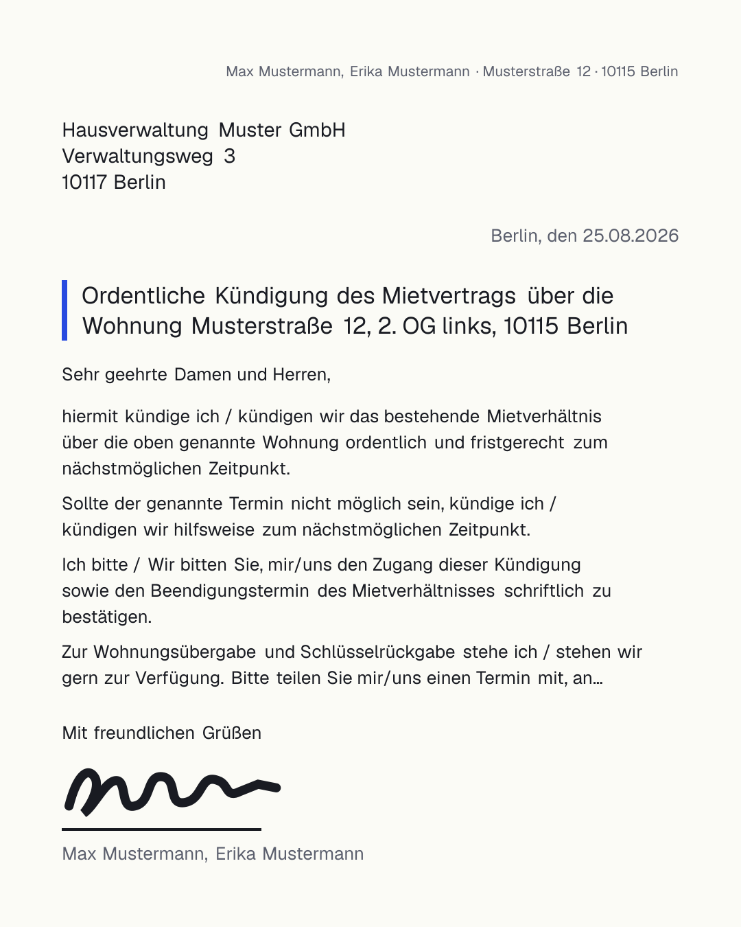 Kündigung Mietvertrag: kostenlose Vorlage zum Ausfüllen und Ausdrucken als PDF – Musterbrief mit Fristen-Hinweis nach § 573c und § 568 BGB