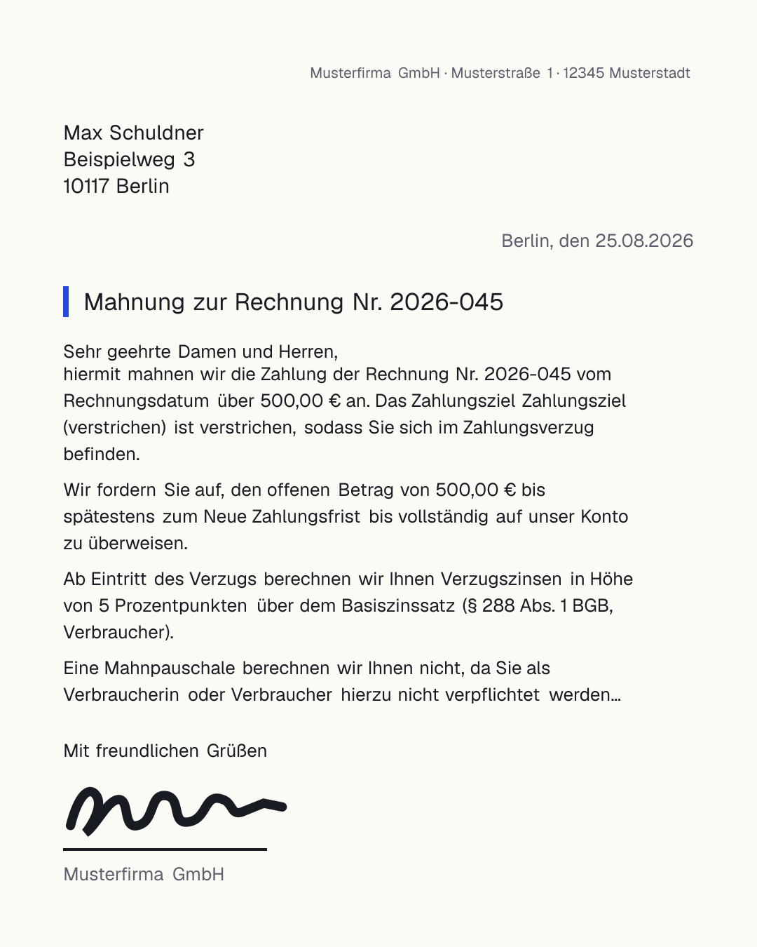 Mahnung Vorlage zum kostenlosen Ausfüllen und Herunterladen als PDF und Word – mit Zahlungsfrist und Verzugszinsen nach § 288 BGB