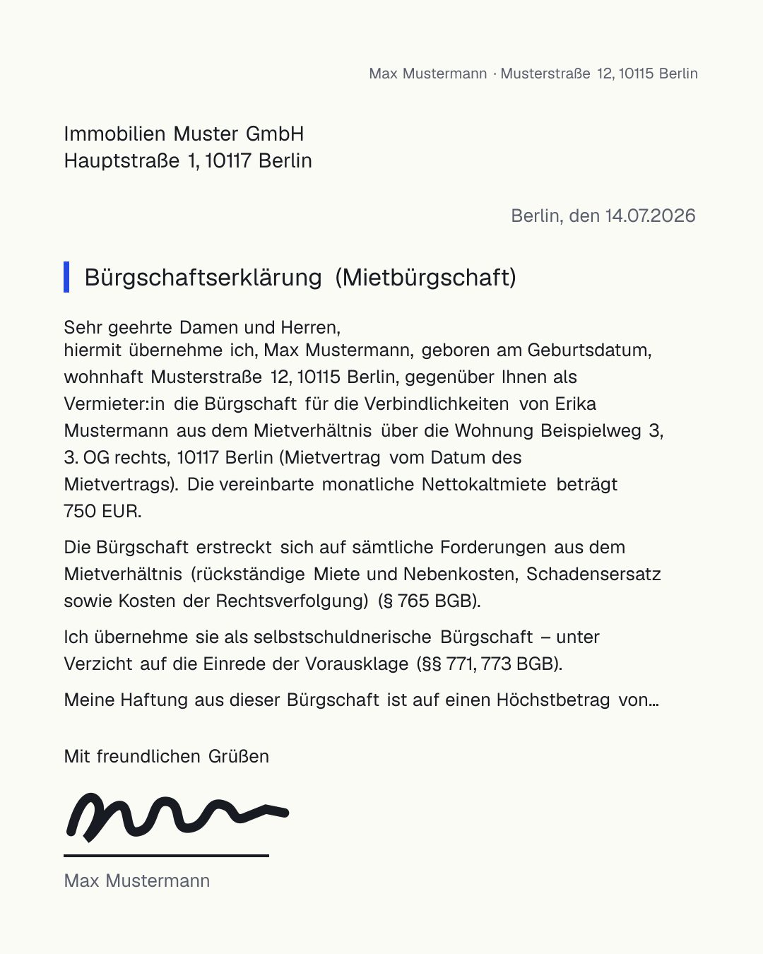 Mietbürgschaft Vorlage zum kostenlosen Ausfüllen und Herunterladen als PDF und Word – Bürgschaftserklärung für die Miete nach § 765 BGB mit Höchstbetrag
