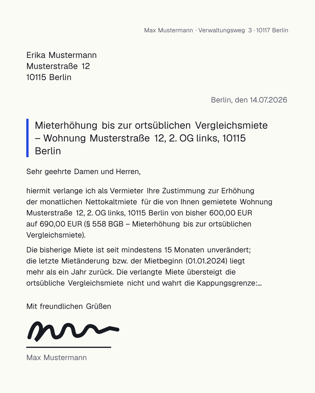 Kostenlose Mieterhöhung-Vorlage zum Ausfüllen als PDF und Word – Musterschreiben des Vermieters zur ortsüblichen Vergleichsmiete nach § 558 BGB