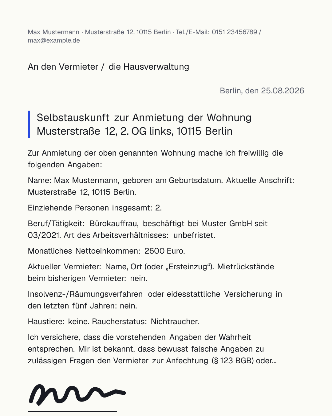 Mieterselbstauskunft Vorlage zum kostenlosen Ausfüllen und Ausdrucken als PDF – Selbstauskunft für den Vermieter