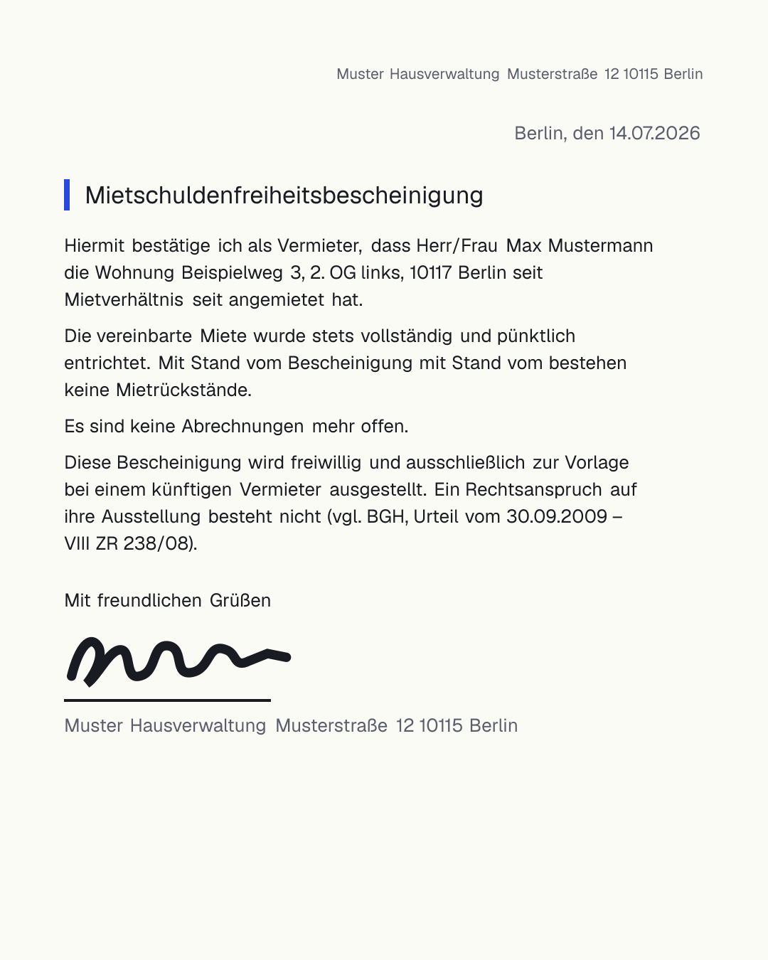Mietschuldenfreiheitsbescheinigung Vorlage zum kostenlosen Ausfüllen als PDF und Word – Vermieter bestätigt, dass keine Mietrückstände bestehen