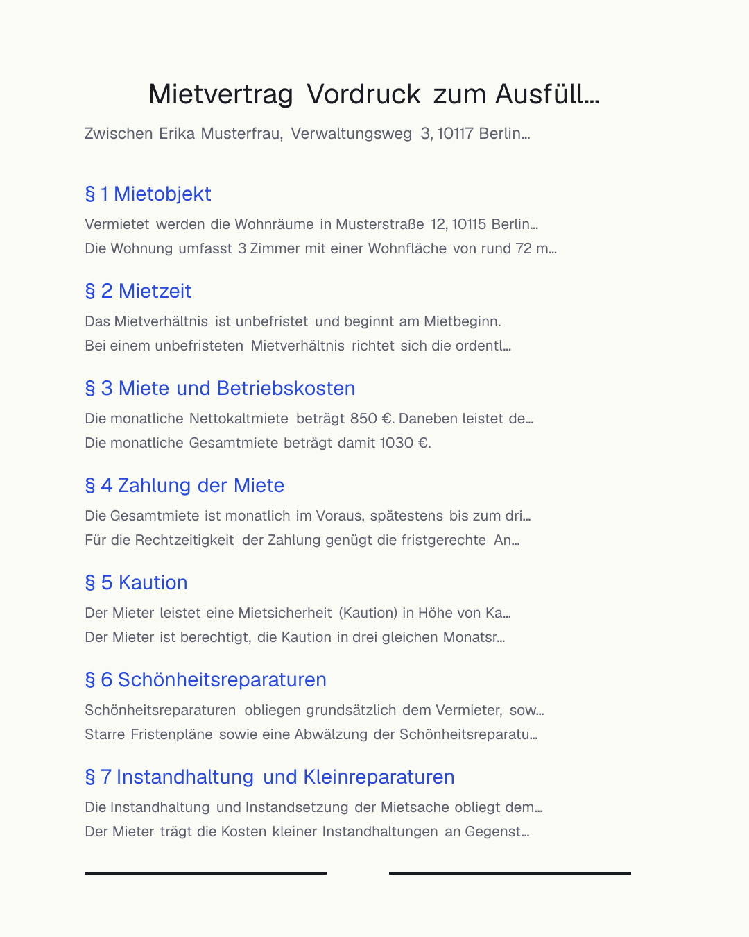 Mietvertrag-Vordruck zum kostenlosen Ausfüllen und Ausdrucken als PDF und Word – mit Schriftform-Hinweis, Kautionsgrenze und Staffelmiete-Erläuterung