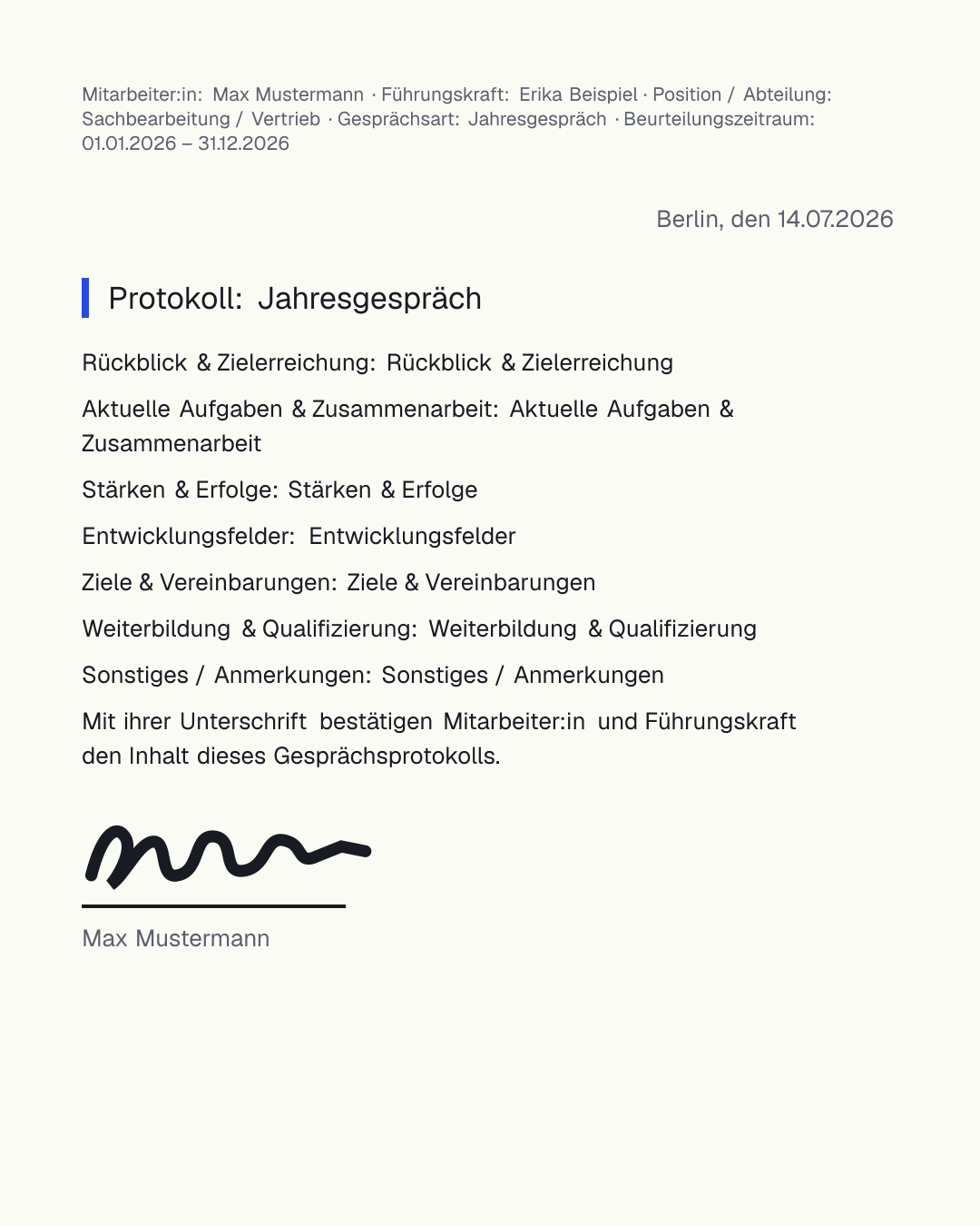 Kostenlose Mitarbeitergespräch-Vorlage als PDF – Vorbereitungs- und Protokollbogen mit Rückblick, Zielerreichung, Stärken, Entwicklungsfeldern, Zielen und Weiterbildung
