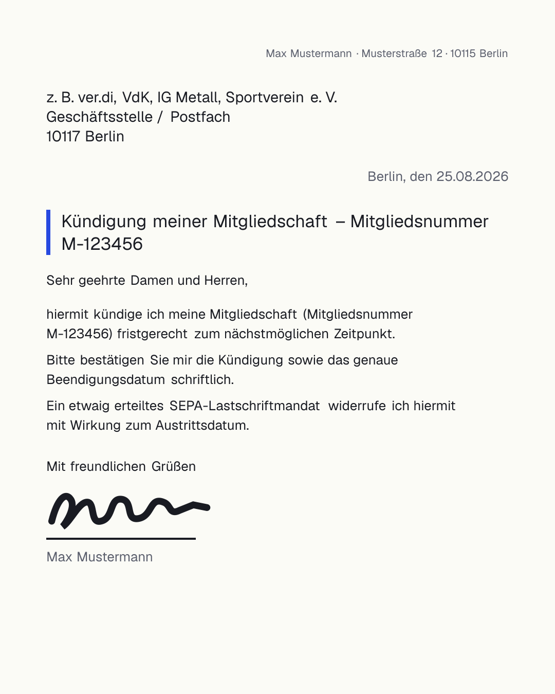 Musterbrief zur Kündigung einer Mitgliedschaft in Verein, Gewerkschaft oder Verband – kostenlose Vorlage