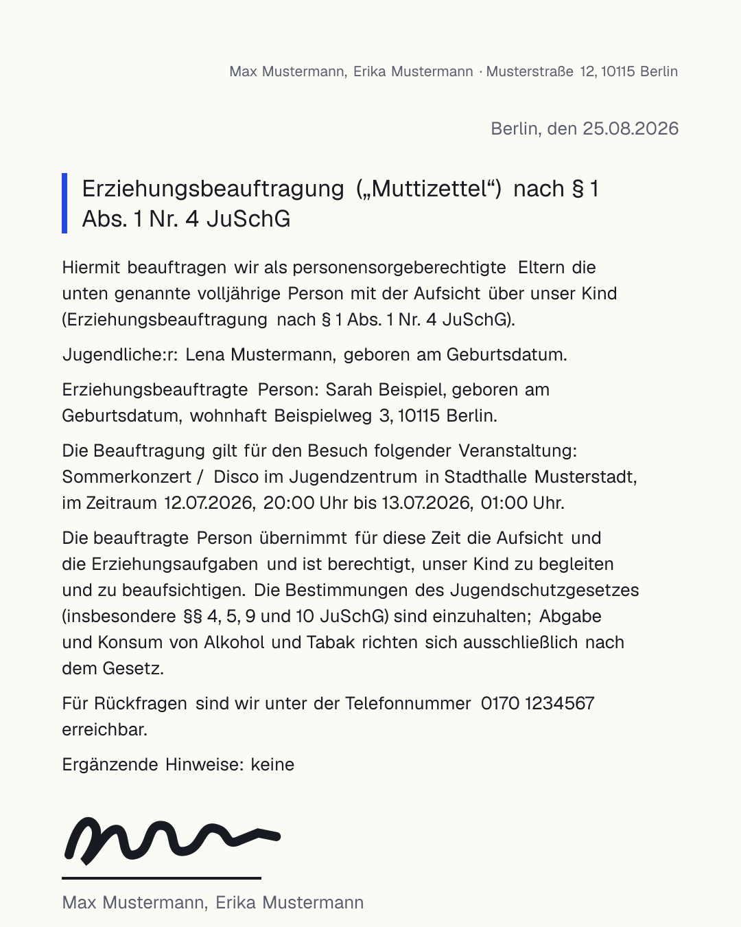 Muttizettel-Vorlage zum kostenlosen Ausfüllen und Ausdrucken als PDF – Erziehungsbeauftragung nach § 1 JuSchG für Jugendliche