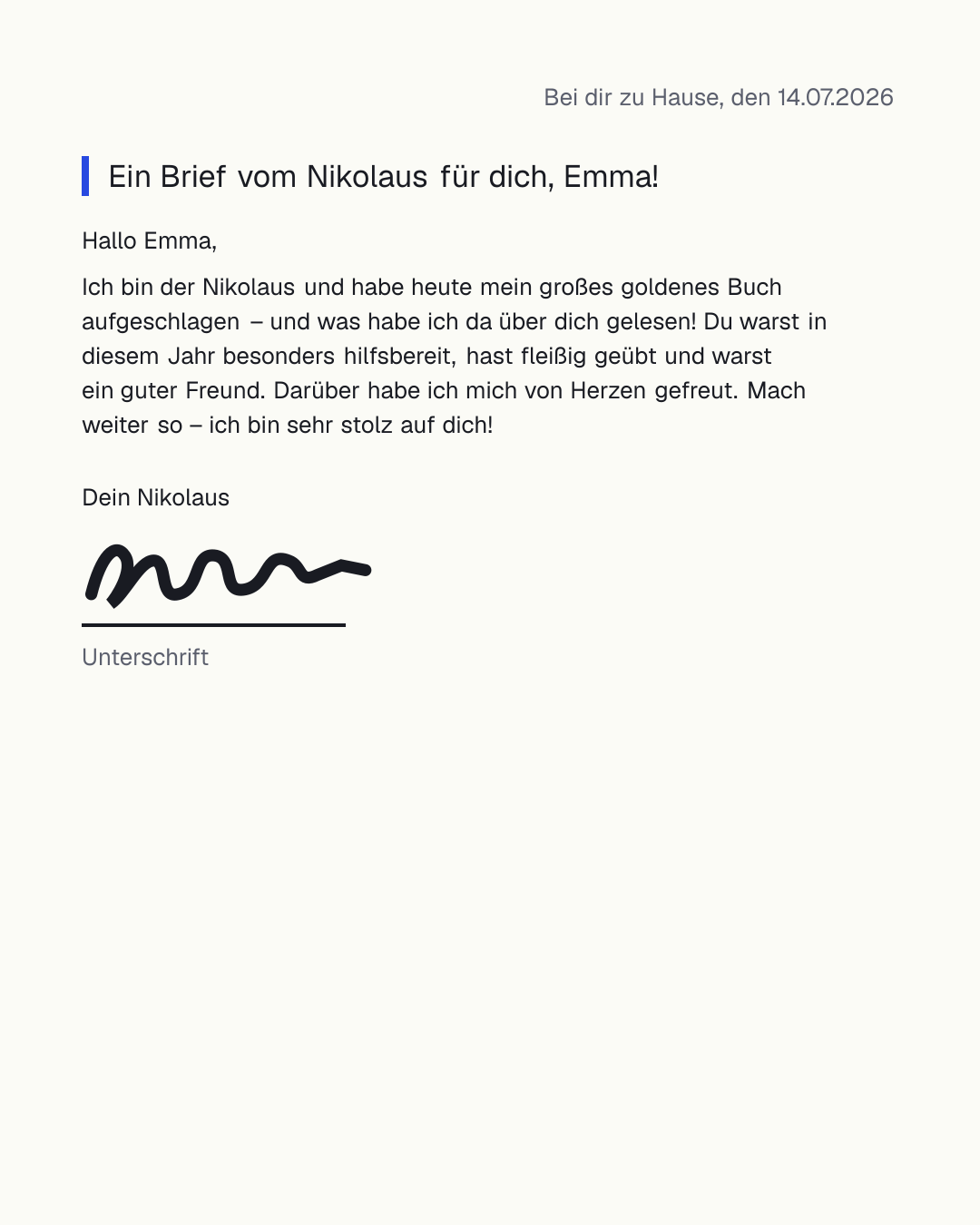 Kostenlose Nikolausbrief-Vorlage zum Ausdrucken – liebevoller Nikolaus-Text für Kinder mit dem Namen des Kindes, unterschrieben mit „Dein Nikolaus“