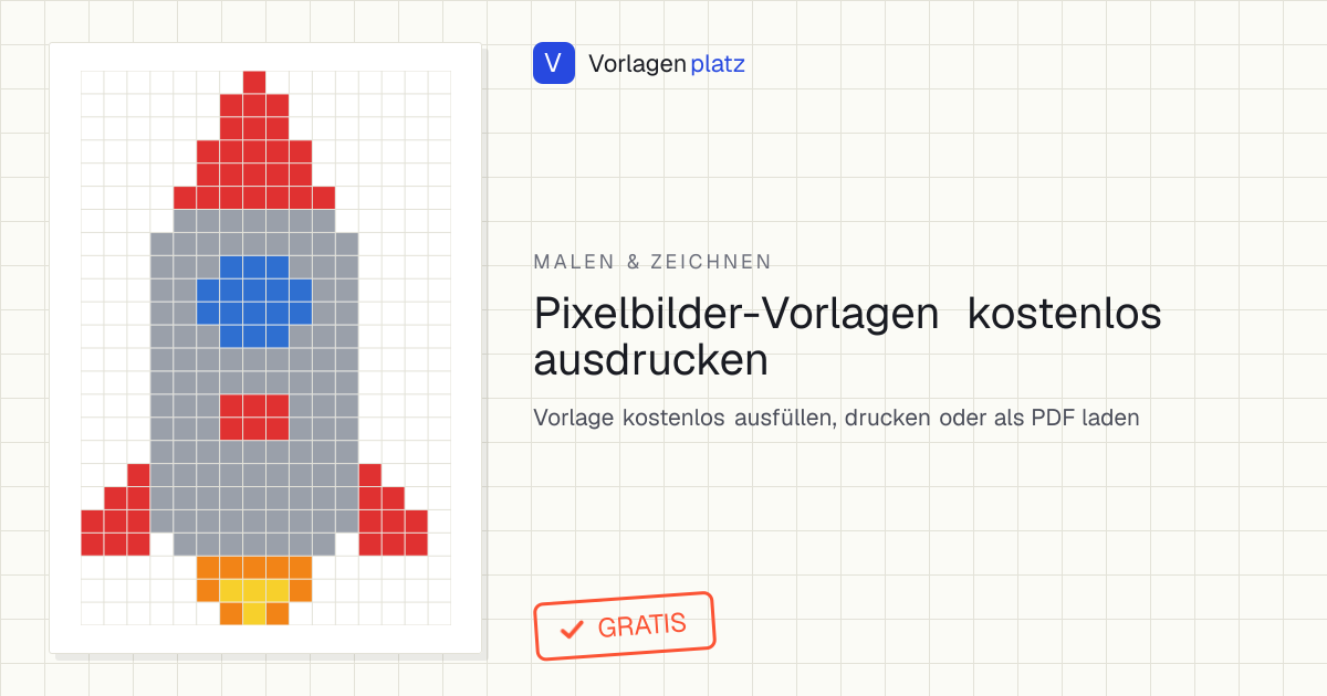 Pixelbilder-Vorlagen zum Ausdrucken – fertige Pixel-Art-Motive Rakete, Roboter, Dinosaurier, Fuchs, Wassermelone und Eistüte im 5-mm-Karoraster zum Ausmalen