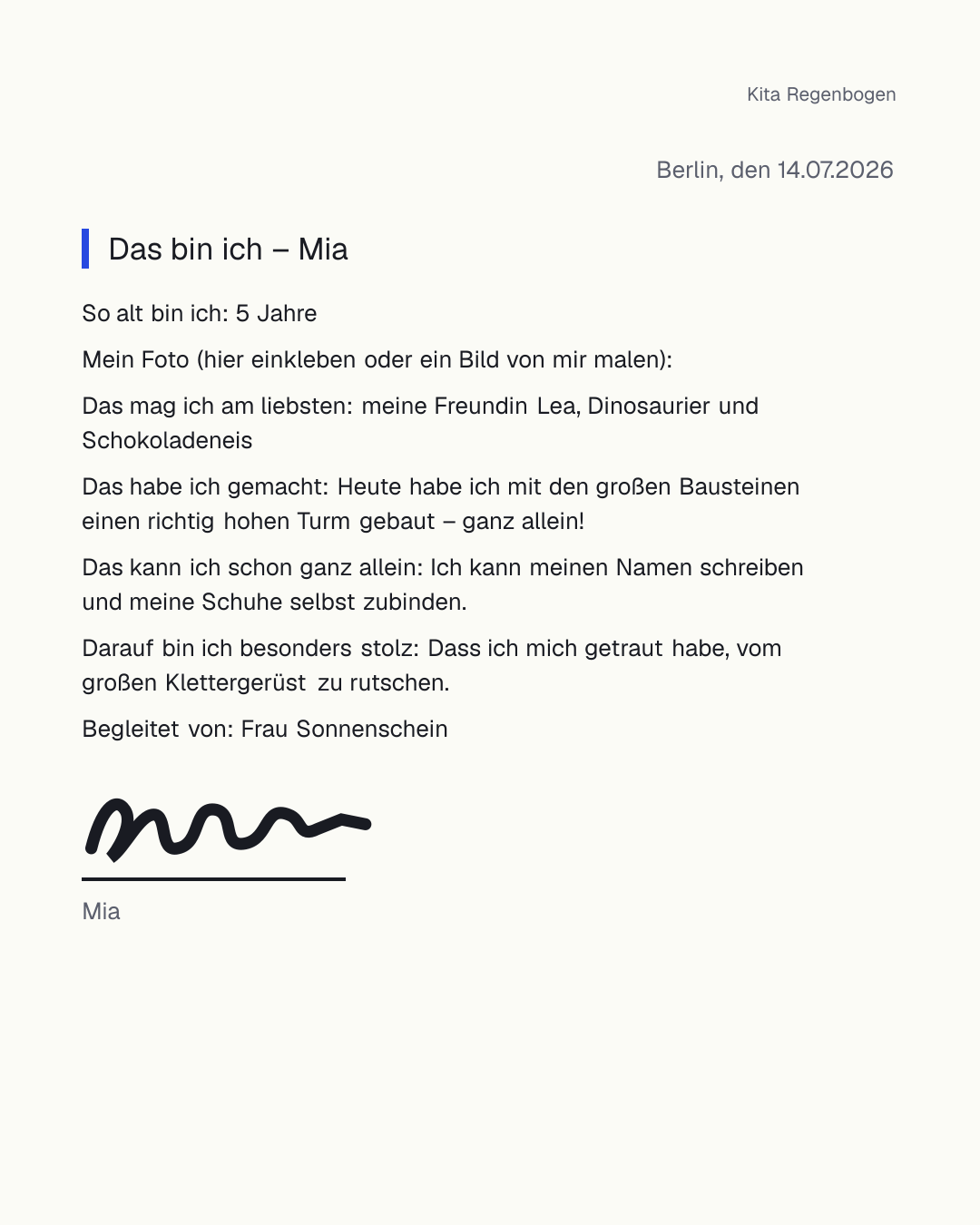 Kostenlose Portfolio-Vorlage für den Kindergarten als PDF und Word – „Das bin ich“-Seite mit Foto-Platzhalter, Lerngeschichte und „Das kann ich schon“