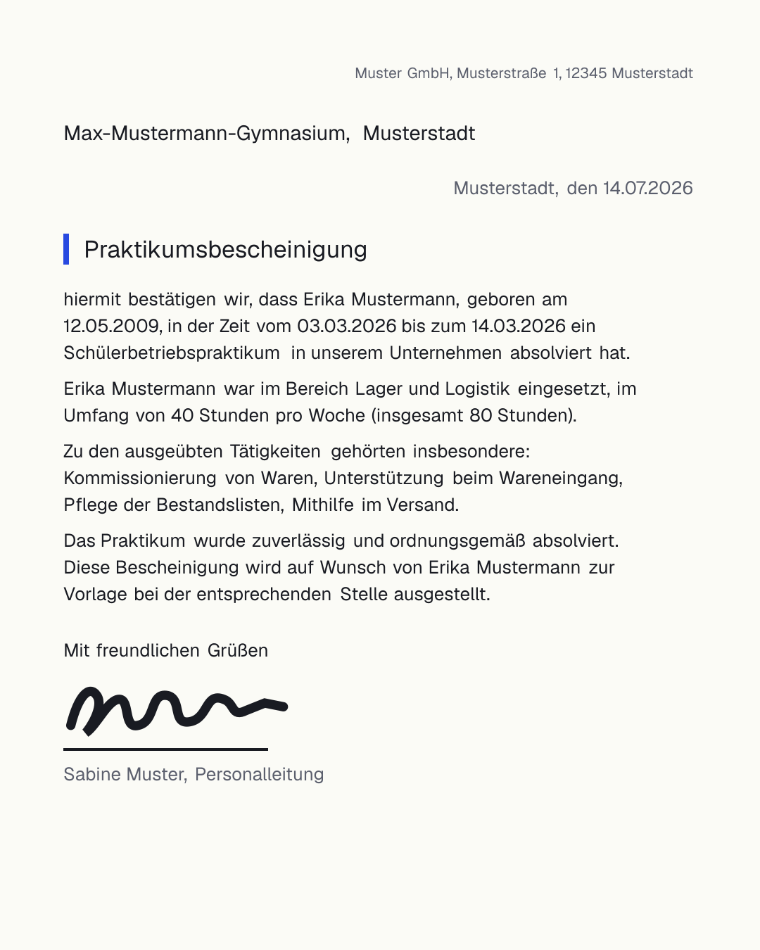Praktikumsbescheinigung-Vorlage zum kostenlosen Ausfüllen und Ausdrucken als PDF und Word – Muster mit Zeitraum, Abteilung, Tätigkeiten und Stunden fürs Schülerpraktikum
