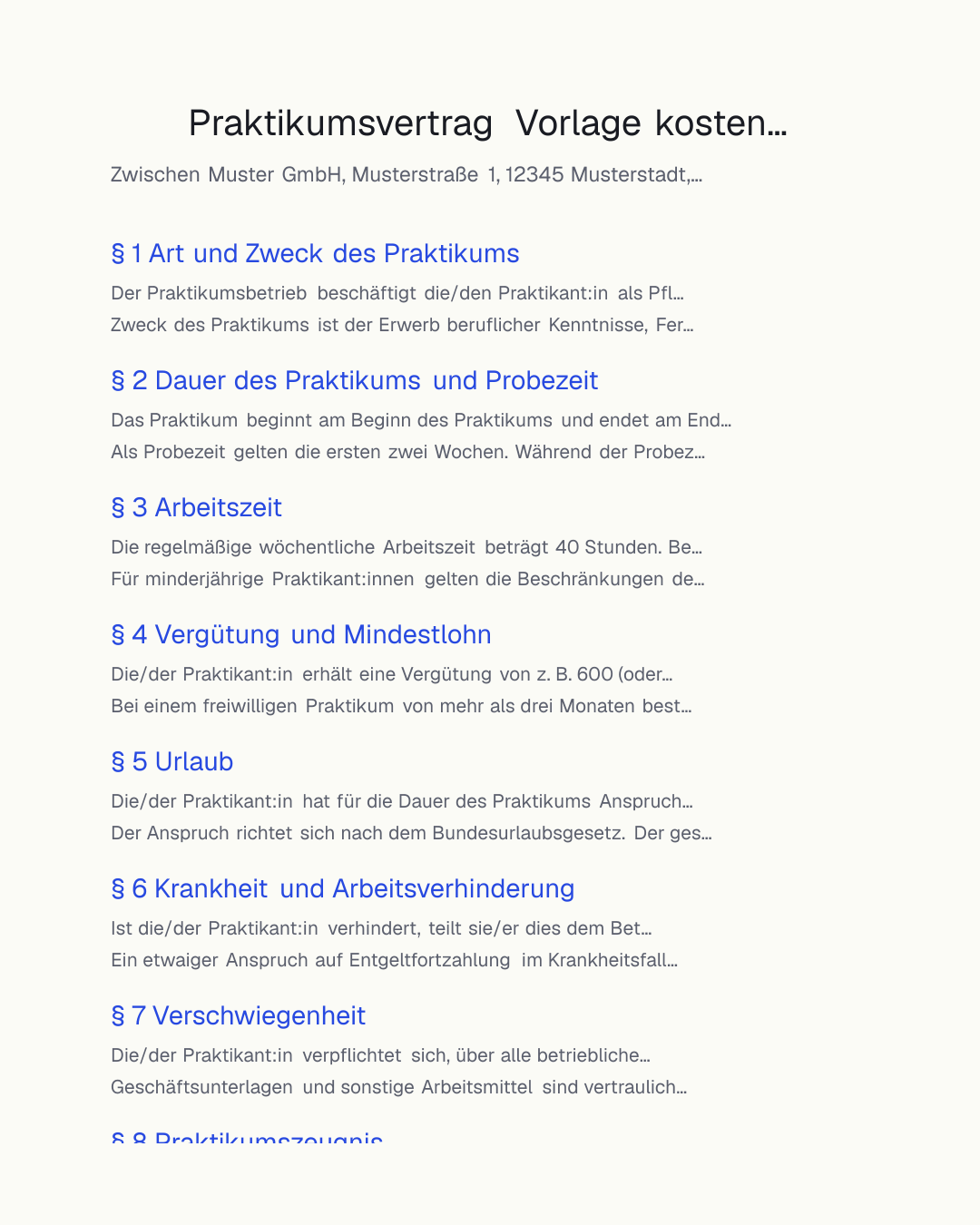 Praktikumsvertrag Vorlage zum kostenlosen Ausfüllen und Ausdrucken als PDF und Word – Muster für Pflicht- und freiwilliges Praktikum mit Vergütung, Urlaub und MiLoG