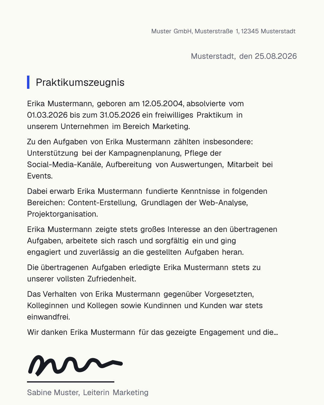 Ausgefülltes Praktikumszeugnis in der Vorschau – Vorlage für Pflicht- und freiwillige Praktika, herunterladbar als PDF und Word-Dokument