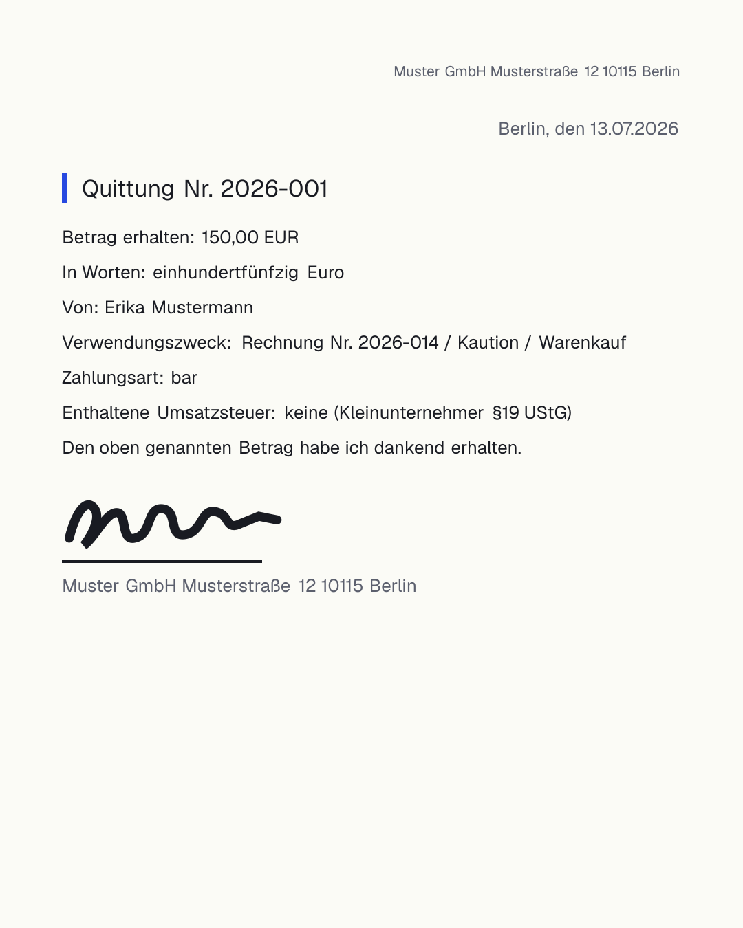 Kostenlose Quittung-Vorlage zum Ausfüllen und Ausdrucken als PDF – Empfangsbestätigung über eine Zahlung mit Betrag, Verwendungszweck und Unterschrift