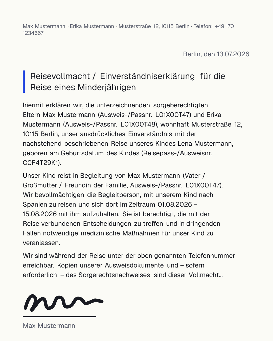 Reisevollmacht fürs Kind Vorlage zum kostenlosen Ausfüllen und Ausdrucken als PDF – Einverständniserklärung der Eltern für die Reise mit einem Elternteil