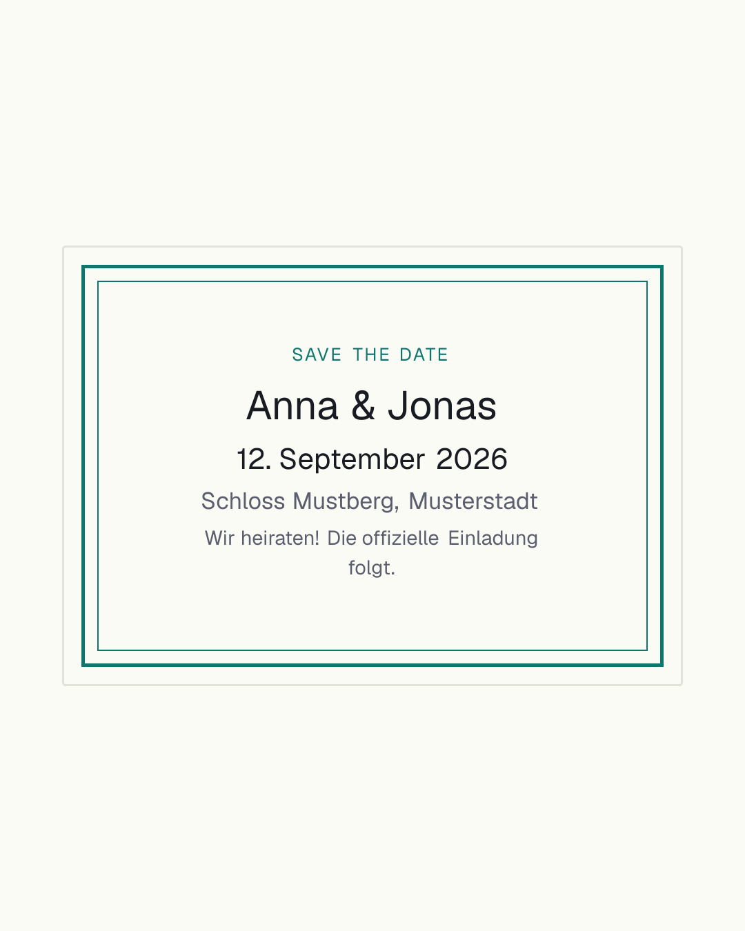 Save-the-Date-Vorlage zum kostenlosen Gestalten – Karte mit Namen, Datum und Ort als Vorab-Ankündigung vor der eigentlichen Hochzeitseinladung
