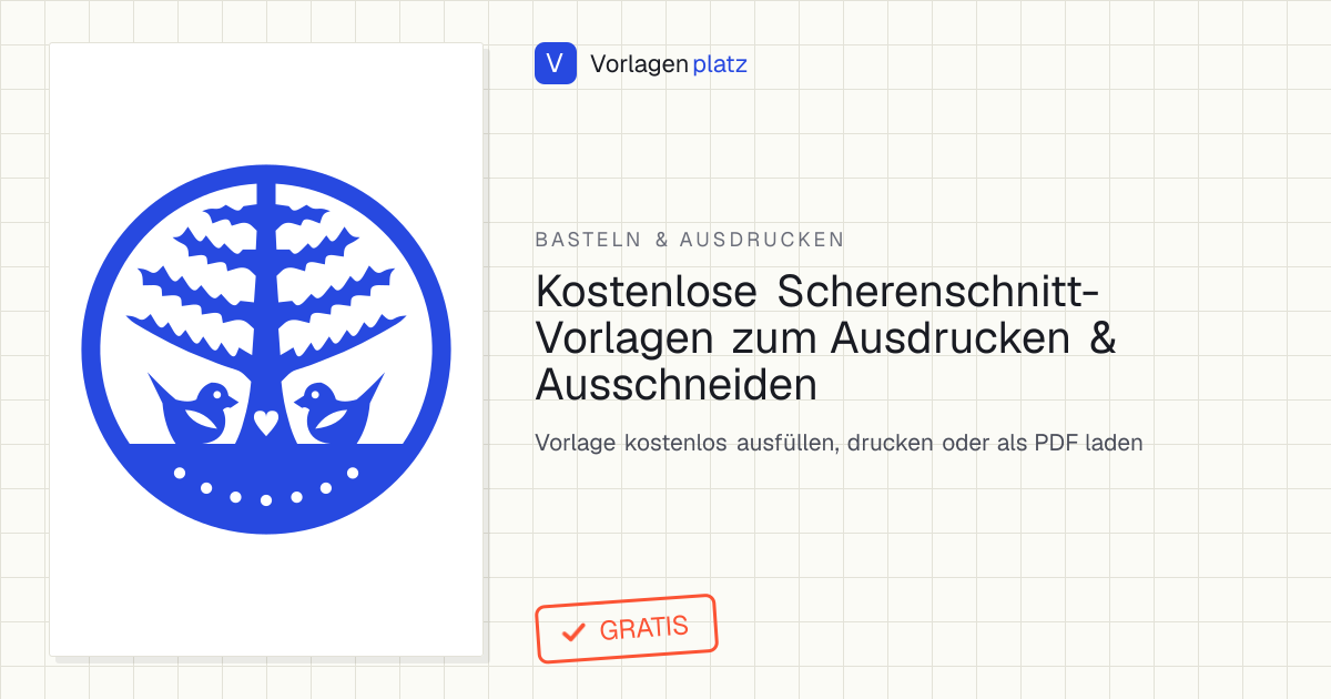 Scherenschnitt Vorlage zum Ausdrucken – spiegelsymmetrisches Lebensbaum-Medaillon mit zwei Vögeln, Herz im Stamm und Punktbordüre als schwarzer Papierschnitt mit Zentimeter-Größenangabe