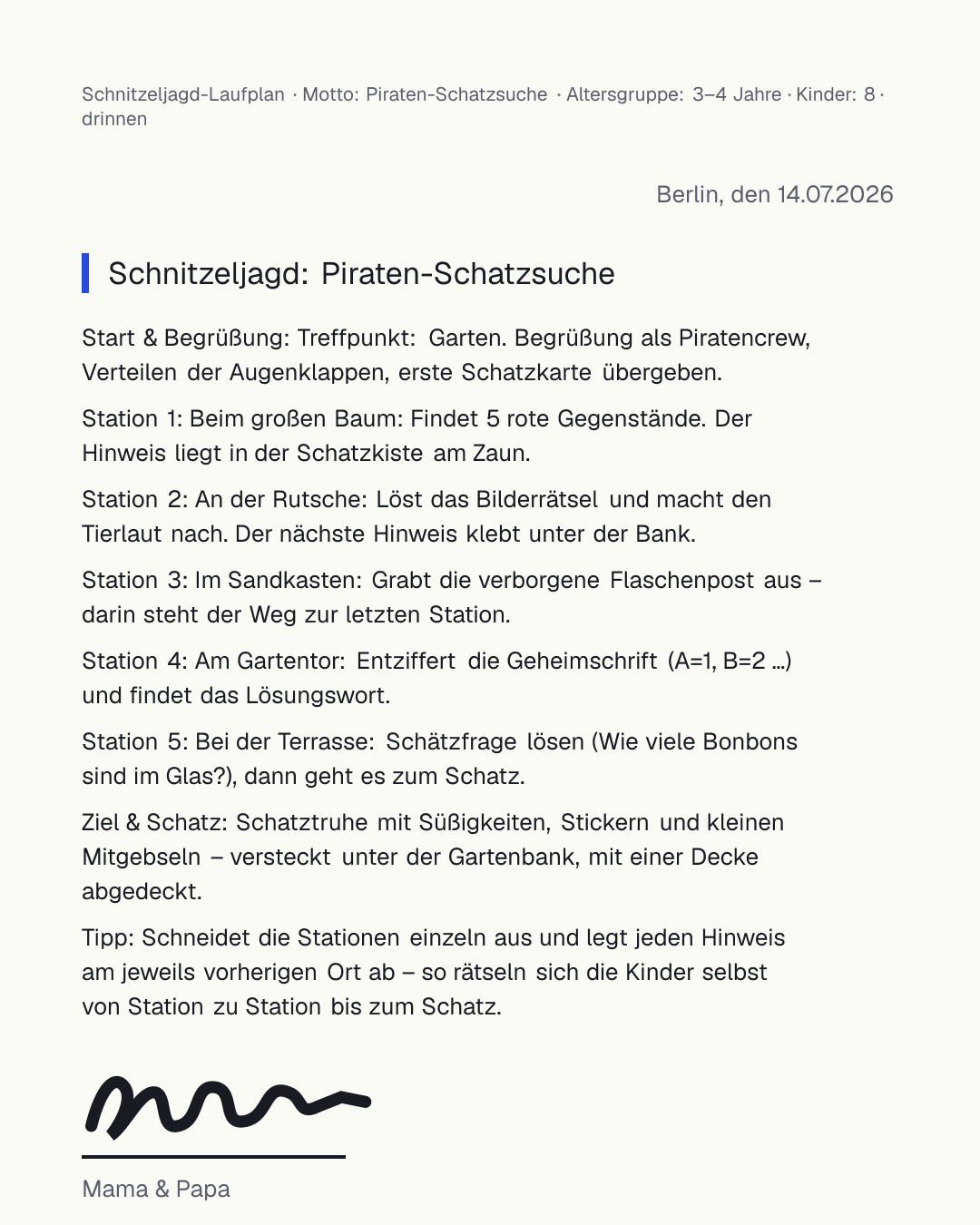 Schnitzeljagd Vorlage zum kostenlosen Ausdrucken – Laufplan mit Motto, Stationen, Aufgaben und Schatzversteck für den Kindergeburtstag